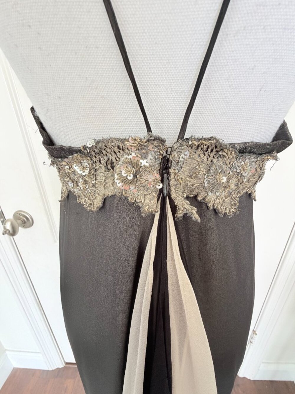 Vtg 90s Del Rosario Silk Halter Maxi Dress Black Silver Beaded Gown 8 - Picture 7 of 12